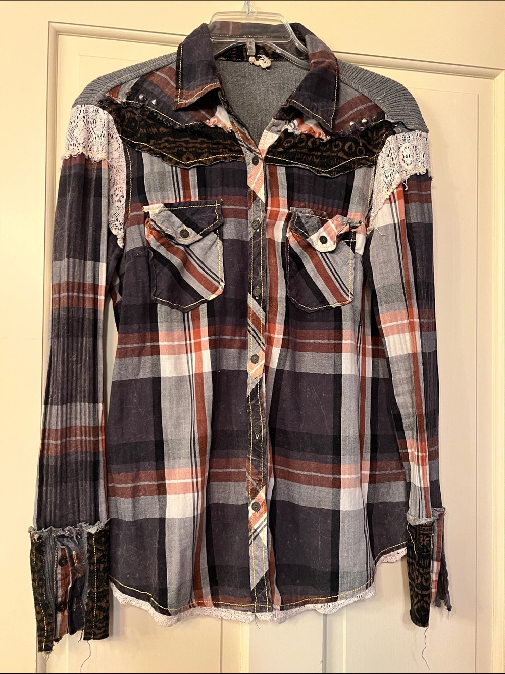 Johnny Was Black Brown Plaid Button-Front Shirt S